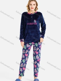 Wholesale Women's Soft Lounge Button Front Letter Plant Print Long Sleeve Top & Pants Two-Piece Pajamas Set, LIUHUA CLOTHING WHOLESALE