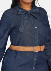Wholesale Women's Casual Tie Neck Long Sleeve Button Down Denim Shirt Dress With Belt 190# - Liuhuamall