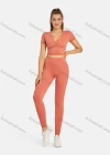 Wholesale Women's Athletic Plain Wrap V Neck Short Sleeve Crop Tops & High Waist Leggings 2 Piece Sports Yoga Set T4057# - Liuhuamall