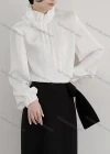Wholesale Women's Casual Lantern Sleeve Asymmetrical Neck Satin Ruched Ruffle Trim Plain Blouse 160496# - Liuhuamall