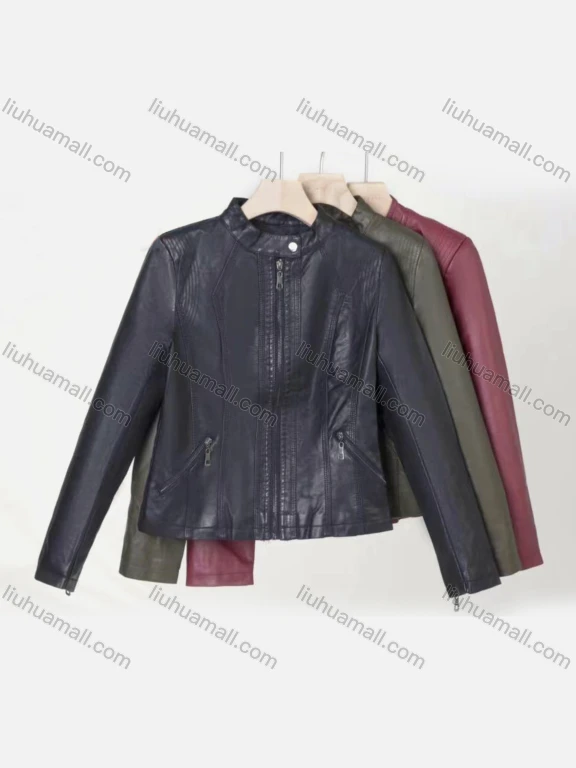 Wholesale Women's Casual Stand Collar Long Sleeve Zipper Plain Leather Crop Biker Jacket