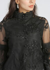 Wholesale Women's Fashion Stand Collar Plain Embroidery Lace Semi-sheer Lantern Sleeve Blouse - Liuhuamall