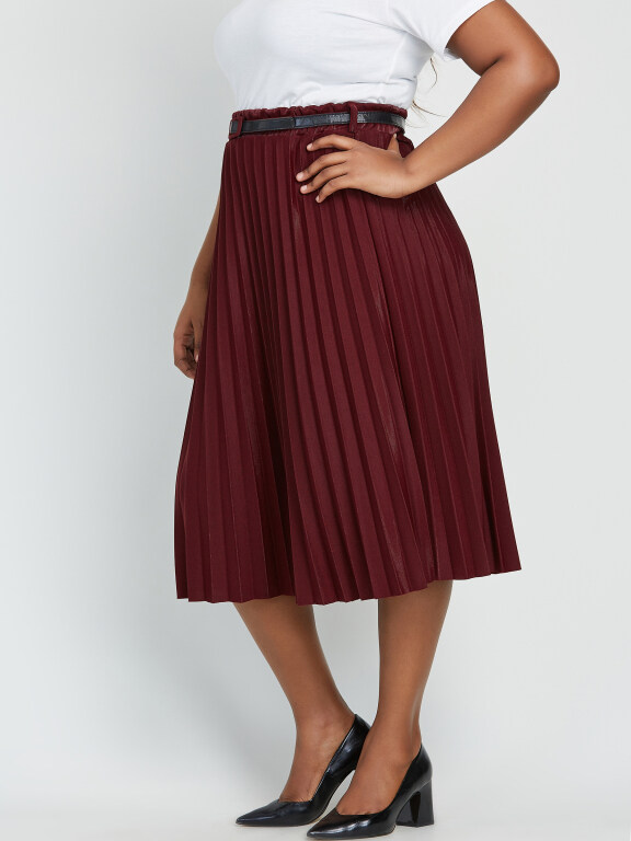 Women's Casual Plus Size High Waist Belted Plain Pleated Skirt With Belt, Clothing Wholesale Market -LIUHUA, WOMEN, Pants-Trousers