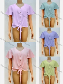 Wholesale Women's Casual V Neck Lace Up Short Sleeve Button Decro Crop Top, LIUHUA CLOTHING WHOLESALE