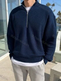 Wholesale Oscar factory casual men's knitted sweater with comfortable soft fabric and zippered stand-up collar, LIUHUA CLOTHING WHOLESALE