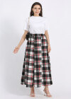 Wholesale Women's Casual Plaid Print Elastic Waist Pleated Flared Maxi Skirt - Liuhuamall