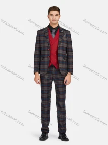 Wholesale Men's Formal Lapel Plaid Pockets Blazer & Waistcoat & Pant 3 Pieces Suit Sets, LIUHUA CLOTHING WHOLESALE