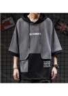 Wholesale Men's Casual Letter Splicing Colorblock Drawstring Flap Pockets Hooded Half Sleeve T-shirt - Liuhuamall