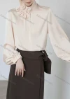 Wholesale Women's Casual Lantern Sleeve Asymmetrical Neck Satin Ruched Ruffle Trim Plain Blouse 160496# - Liuhuamall