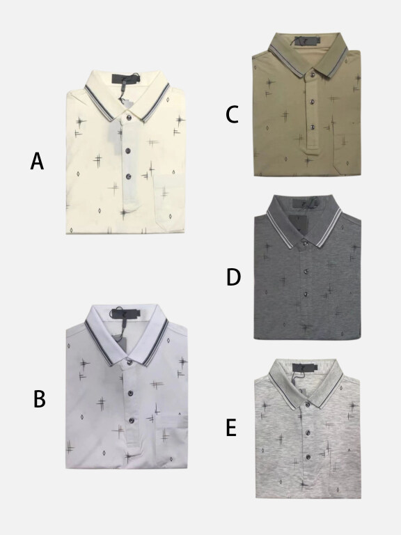 Men's Casual Short Sleeve Allover Print Striped Trim Button Front Polo Shirts, Clothing Wholesale Market -LIUHUA, Men, Men-s-Tops, Men-s-Hoodies-Sweatshirts