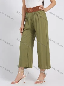 Wholesale Women's Casual Cotton Plain Loose Fit Cropped Wide Leg Pant With Belt, LIUHUA CLOTHING WHOLESALE
