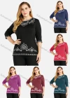 Wholesale Women's Casual Round Neck 3/4 Sleeve Rhinestone Top - Liuhuamall