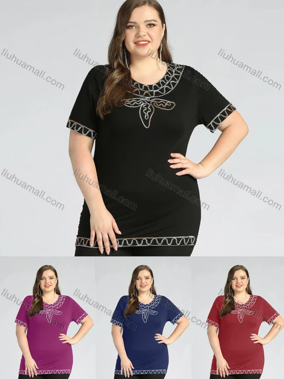 Wholesale Women's Plus Size Round Neck Short Sleeve Embroidery Casual Top
