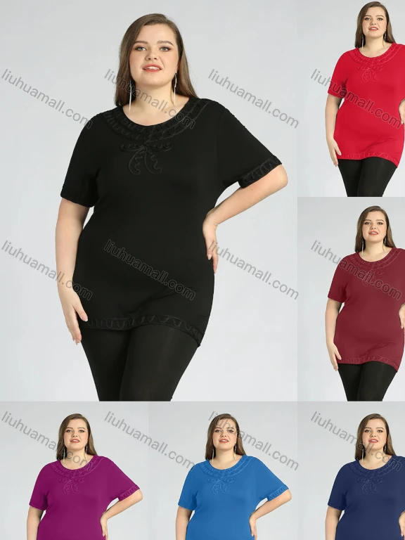 Wholesale Women's Plus Size Round Neck Short Sleeve Embroidery Casual Top