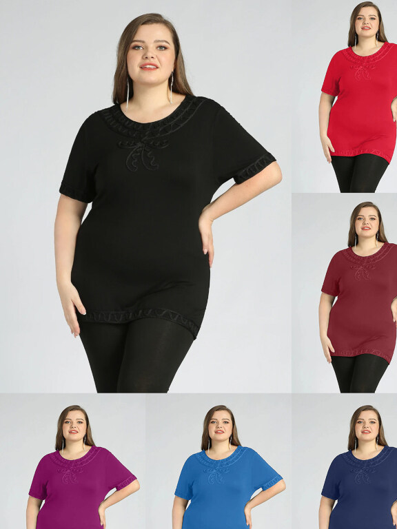 Women's Plus Size Round Neck Short Sleeve Embroidery Casual Top, Clothing Wholesale Market -LIUHUA, Women, Women-s-Outerwear