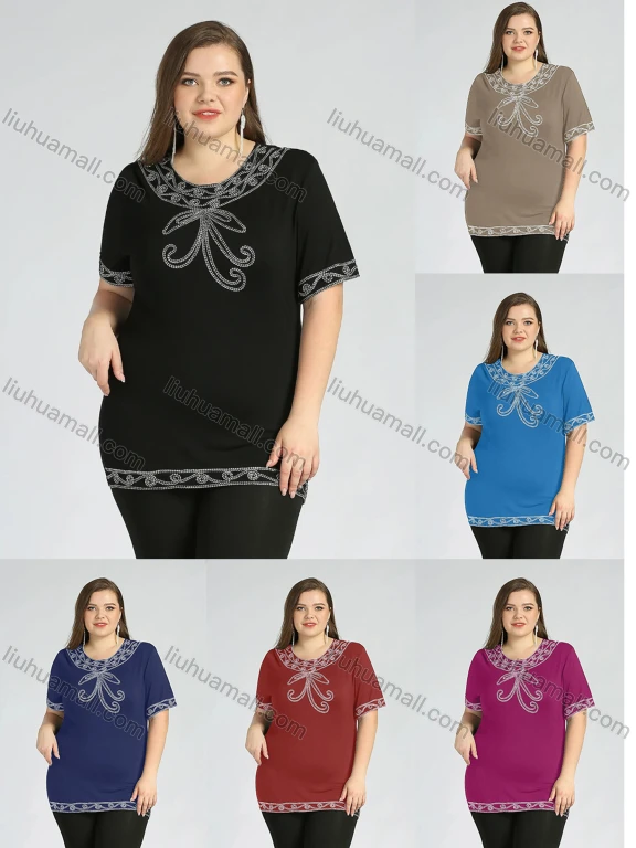 Wholesale Women's Plus Size Round Neck Short Sleeve Embroidery Casual Top