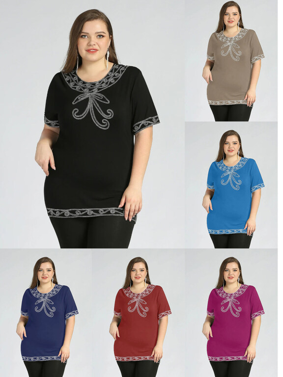Women's Plus Size Round Neck Short Sleeve Embroidery Casual Top, Clothing Wholesale Market -LIUHUA, Women, Swimsuit-Bikini, Beach-Shorts