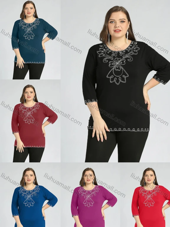 Wholesale Women's Plus Size Round Neck Short Sleeve Embroidery Casual Top