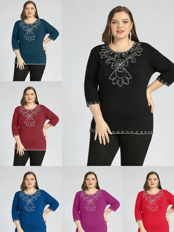 Women's Plus Size Round Neck Short Sleeve Embroidery Casual Top, Clothing Wholesale Market -LIUHUA, Women, Women-s-Suits-Blazers