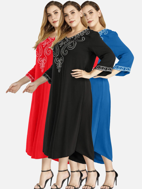 Women's Casual V Neck 3/4 Sleeve Embroidered Midi Dress, Clothing Wholesale Market -LIUHUA, Women, Women-s-Bottoms
