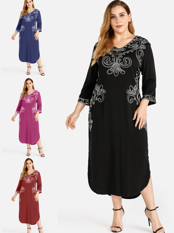 Women's Casual V Neck 3/4 Sleeve Embroidered Dress, Clothing Wholesale Market -LIUHUA, Women, Dress, Sleeveless-Dress