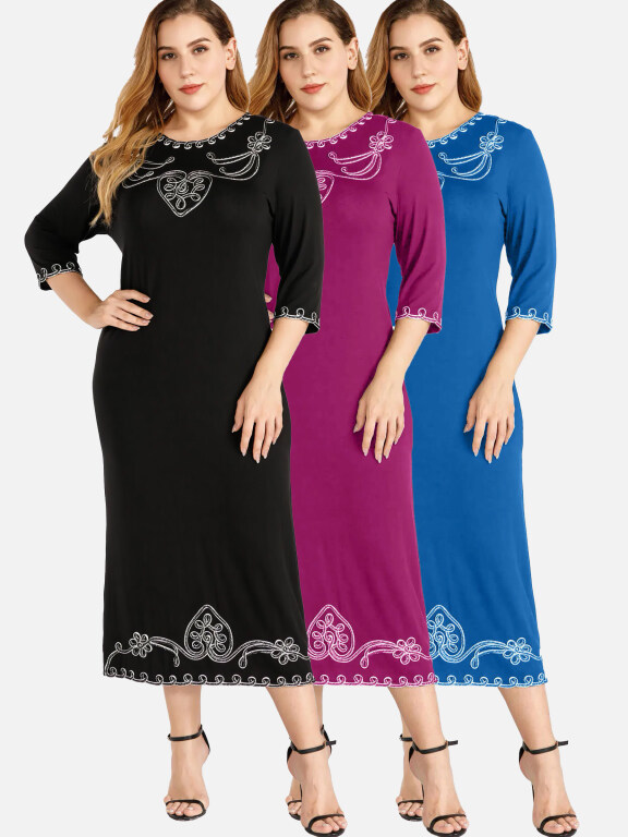 Women's Casual Crew Neck 3/4 Sleeve Embroidered Dress, Clothing Wholesale Market -LIUHUA, Women, Women-s-Top