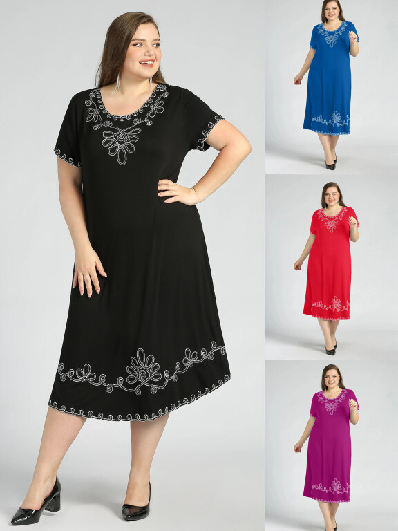 Women's Plus Size Casual Crew Neck Short Sleeve Embroidery Midi Dress, Clothing Wholesale Market -LIUHUA, Women, Women-s-Top