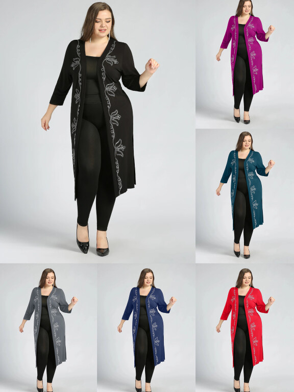 Women's Plus Size Casual 3/4 Sleeve Open Front Embroidery Cardigan, Clothing Wholesale Market -LIUHUA, Women, Women-s-Suits-Blazers