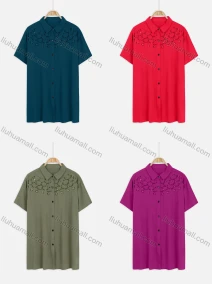 Wholesale Women's Plus Size Collared Short Sleeve Button Down Embroidery Casual Shirt, LIUHUA CLOTHING WHOLESALE