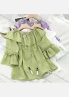 Wholesale Women's Causal Crew Neck Layered Sleeve Ruffle Trim Tie Front Plain Blouse - Liuhuamall