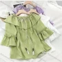 Wholesale Women's Causal Crew Neck Layered Sleeve Ruffle Trim Tie Front Plain Blouse preview