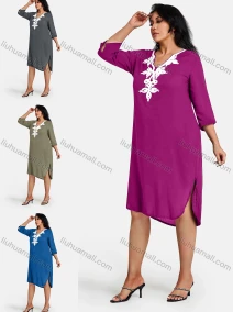 Wholesale Women's Plus Size Elegant V Neck 3/4 Sleeve Embroidery Knee Length Dress, LIUHUA CLOTHING WHOLESALE