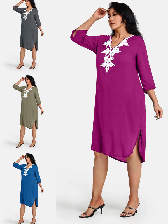 Women's Plus Size Elegant V Neck 3/4 Sleeve Embroidery Knee Length Dress, Clothing Wholesale Market -LIUHUA, Women, Dress, Sleeveless-Dress