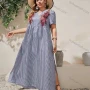 Wholesale Women's V Neck Short Sleeve Striped Floral Side Slit Maxi Dress A1309-3476# preview