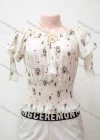 Wholesale Women's Casual Cartoon Print Ruffle Trim Short Sleeve Shirred Blouse - Liuhuamall
