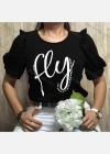 Wholesale Women's Casual Crew Neck Puff Sleeve Ruffle Trim Letter Top - Liuhuamall