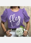 Wholesale Women's Casual Crew Neck Puff Sleeve Ruffle Trim Letter Top - Liuhuamall