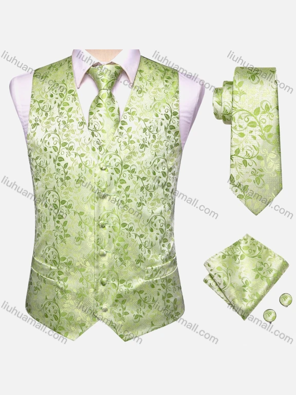 Wholesale Men's Formal Floral Print Silky Waistcoat With Necktie & Kerchief & Cufflinks 4-piece Set
