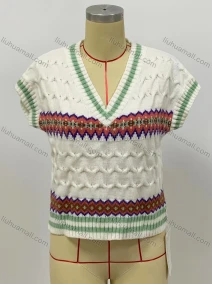 Wholesale Women's Casual V Neck Cap Sleeve Striped Knitted Sweater, LIUHUA CLOTHING WHOLESALE