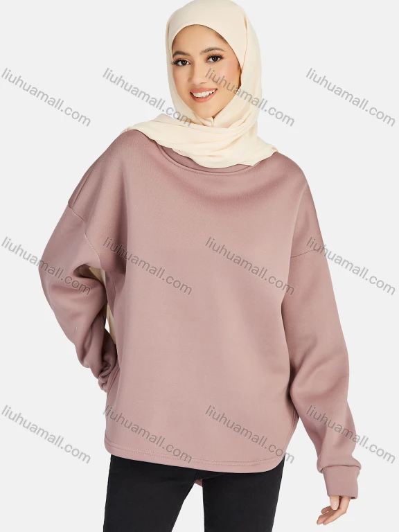 Wholesale Women's Casual Plain Crew Neck Curved Hem Fleece Lined Sweatshirt 1329#
