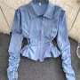 Wholesale Women's Fashion Crop Collared Long Sleeve Cut Out Button Down Ruched Plain Top preview
