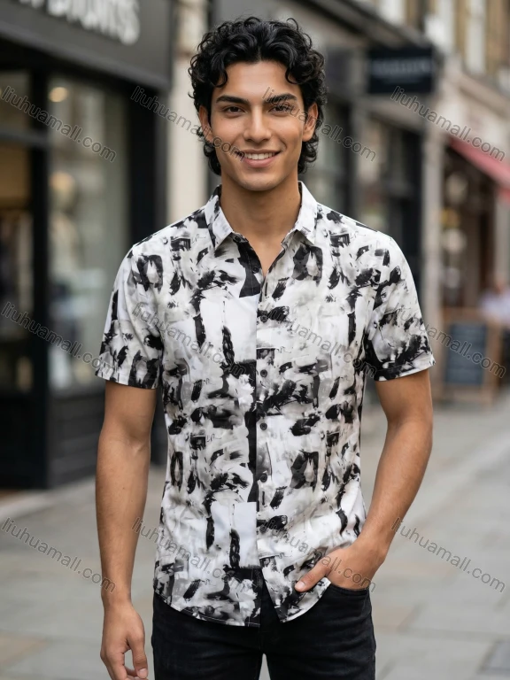 Wholesale 2026 New Men's Slim Fit Short Sleeve Shirt Abstract Art Print Casual Formal Wear Wholesale In Stock