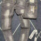 Men's Casual Distressed Pockets Letter Splicing Long Denim Jeans 1355# Clothing Wholesale Market -LIUHUA