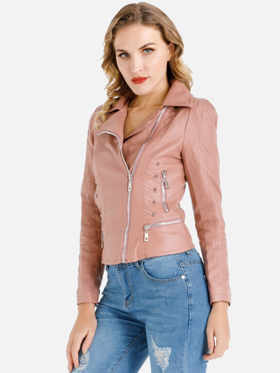 Women's Casual Long Sleeve Lapel Zipper Crop Faux Leather Jacket, Clothing Wholesale Market -LIUHUA, Coats%20%26%20Jackets