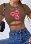 Wholesale Women's Sexy Crew Neck Slim Fit Short Sleeve Cut Out Crop Top - Liuhuamall