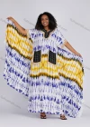 Wholesale Women's Folkloric African Colorblock Tie Dye Notched Neck Short Sleeve Patch Pockets Fringe Maxi Dress Robe CXPJ-SS# - Liuhuamall