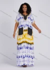 Wholesale Women's Folkloric African Colorblock Tie Dye Notched Neck Short Sleeve Patch Pockets Fringe Maxi Dress Robe CXPJ-SS# - Liuhuamall