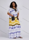 Wholesale Women's Folkloric African Colorblock Tie Dye Notched Neck Short Sleeve Patch Pockets Fringe Maxi Dress Robe CXPJ-SS# - Liuhuamall