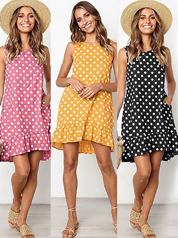 Women's Casual Sleeveless Polka Dots Print Crew Neck Ruffle Hem Short Tank Dress, Clothing Wholesale Market -LIUHUA, 