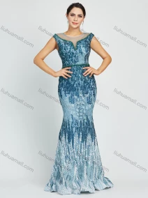 Wholesale Women's Notched Neck Rhinestone Embroidery Floor Length Glamorous Mermaid Evening Dress, LIUHUA CLOTHING WHOLESALE